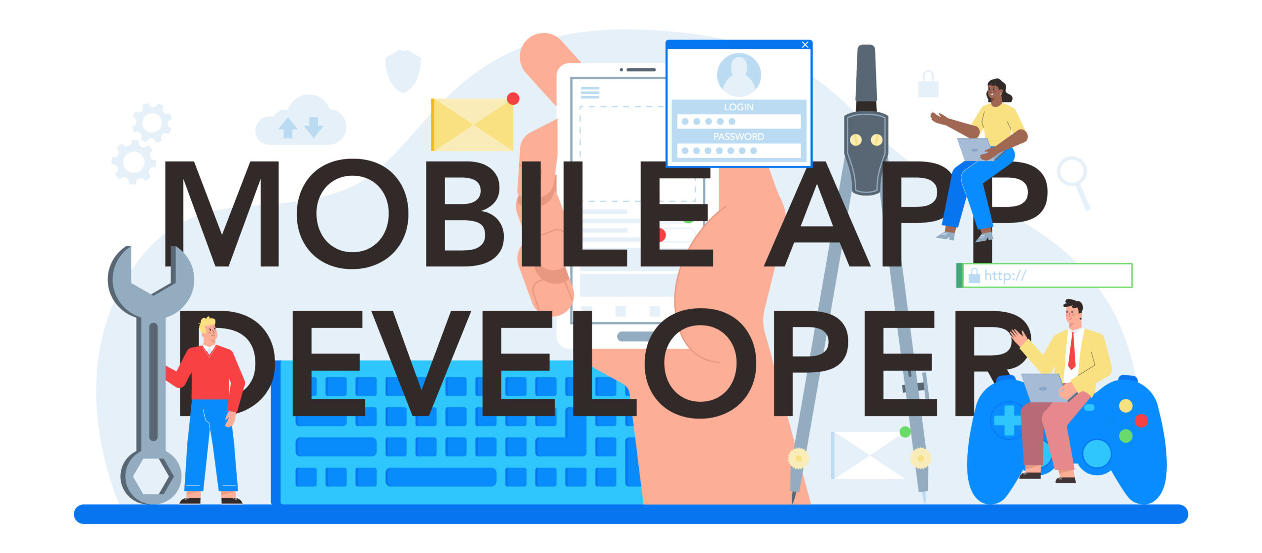 Mobile app development typographic header. Modern technology